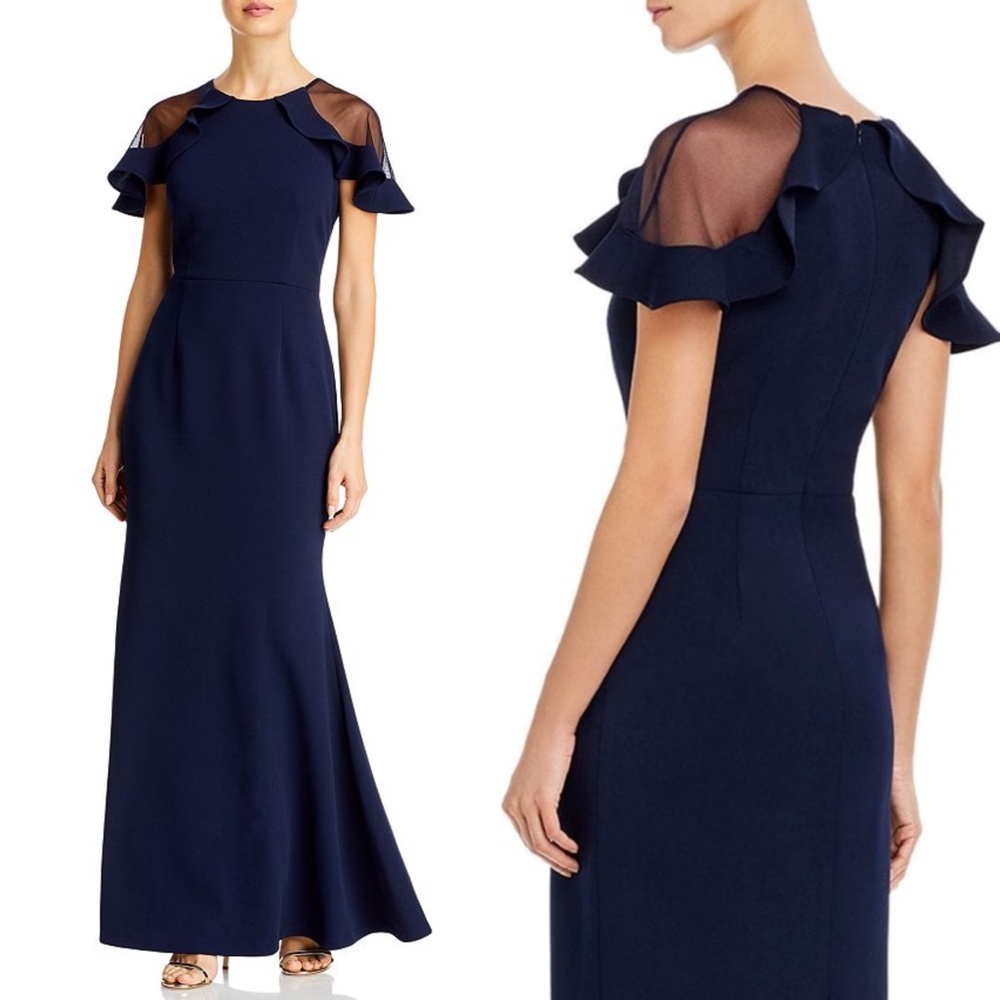 NEW ELIZA J Navy MESH Ruffle FLUTTERY Sleeve CREPE Mermaid EVENING Dress GOWN 6